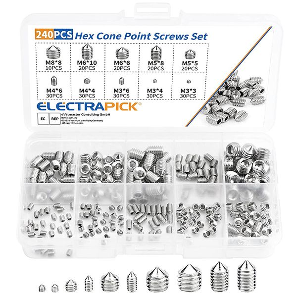 Pièces d'outils ELECTRAPICK 240pcs Hex Hexagon Socket Set Vis Cône Point Grub Vis Extrémité Conique Boulon Sans Tête M3 M4 M5 M6 M8 230419