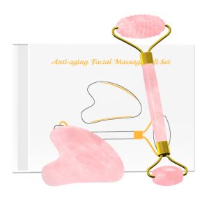 Gereedschap Rose Quartz Face Roller Gua Sha Scraper Set voor gezichtsmassage 100% Natuurlijke roze kristal gaache kit Skin Care Tools