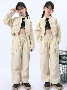 Tooling Hip Hop Dance Costume Girls Khaki Long Sleeves Coat Cargo Pants Kids Jazz Performance Clothing Kpop Outfit Group BL9298