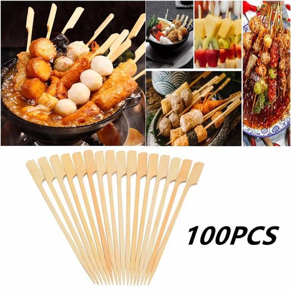 Outils 100pcs bambou bois barbecue brochettes jetables longs bâtons barbecue boulettes de viande kebabs pour cuisine fête camping parties