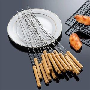 Outils 10pcs brochettes de barbecue ensemble poignée en bois signe anti-brûlure aiguille de barbecue fourchettes de gril pour camping en plein air pique-nique grillades