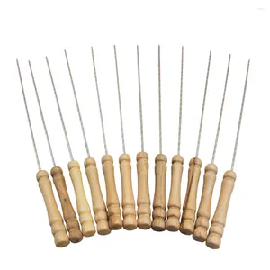 Outils 10 pièces Kabob brochettes en acier inoxydable 8 pouces brochette de barbecue réutilisable Shish Kebob bâtons avec manche en bois pour griller