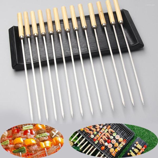 Outils 10 pièces brochettes de Barbecue en acier inoxydable métal réutilisable gril Kebab bâtons manche en bois BBQ Camping fourchettes plates Gadgets de cuisine