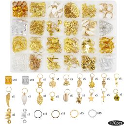 Herramientas 170 unids/caja mezcla de oro hojas anillo de primavera trenza de pelo cuentas para rastas Clips accesorios de decoración para el cabello con caja de almacenamiento