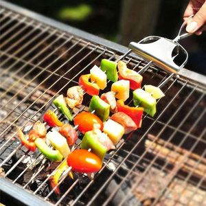 Gereedschap 3 Way Grill Spiesjes Garnalen Voor Grillen Rvs Sticks Met Push Bar 3-Prong Spies Bbq stok Kebab