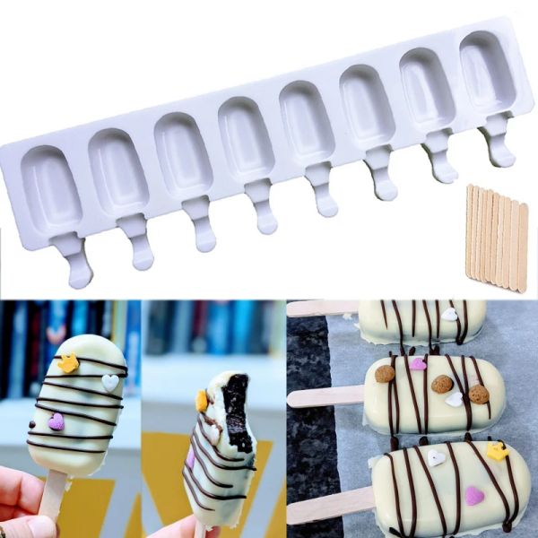 Outils 4/8 trou de la nourriture alimentaire Silicone Moule de crème glacée glacée Pop Cube Popsicle Moule avec des bâtons Dessert DIY Magnum Cake Moule Maker de crème glacée