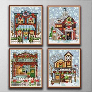 Herramientas 4 en 1 pinturas de decoración del hogar de la serie de cabañas navideñas, herramientas artesanales de punto de cruz hechas a mano, juegos de costura con bordado, impresión contada o