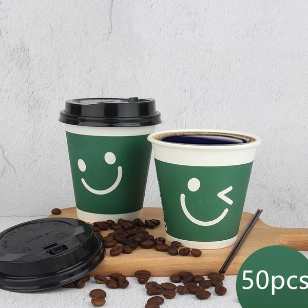 Outils 50pcs vert foncé jetable café lait thé boisson papier tasse créative mignon boire jus tasse camping fête anniversaire eau tasse