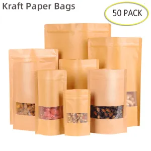 Outils 50pcs sacs en papier kraft zip lock brun avec fenêtre debout poignée refermable ziplock sachets thé café grain bonbons emballage alimentaire