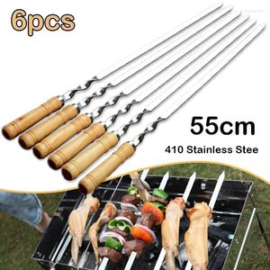 Outils 55cm grande brochette de barbecue réutilisable en acier inoxydable barbecue kebab bâton avec poignée en bois camping en plein air pique-nique outil de cuisson