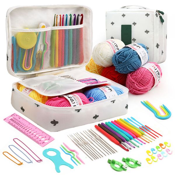 Outils 59 pièces au crochet avec ensemble de fils 5 rouleaux de fil assortis 52 pièces accessoires de crochet ensembles sac d'aiguilles à tricoter pour un kit idéal pour les professionnels débutants