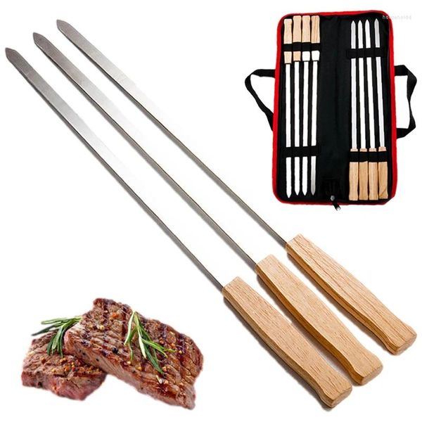 Herramientas 8pc/Establecer Manejo de roble de acero inoxidable Mango de roble Nylon Bag Bag Bag Bbq Kebab Stick Barbacoa Herramienta