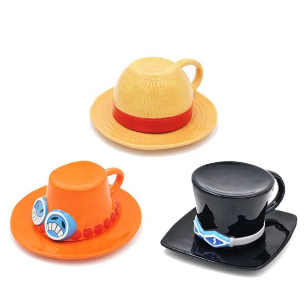 Outils anime one pièce cosplay tasse tasse d'eau créative Luffy Ace Sabo Ceramic Cup trois frères Coupe de café en forme de chapeau en forme de café
