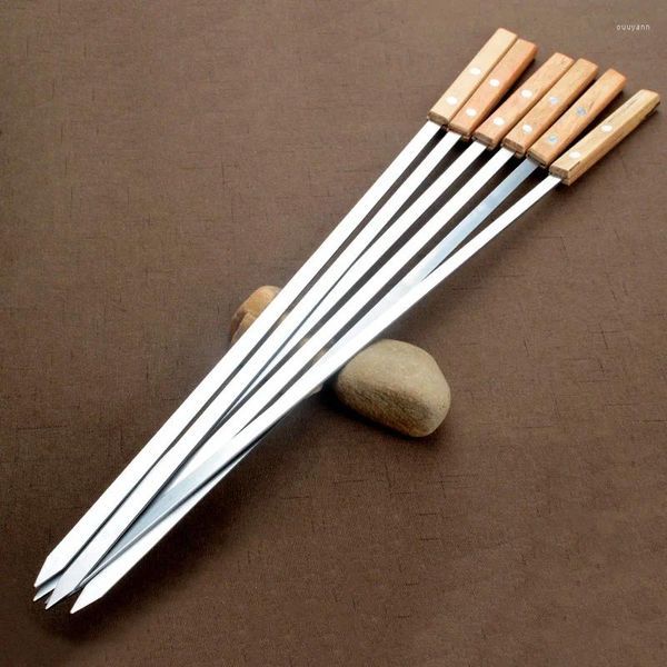 Brochettes de ficelle de Barbecue, morceaux d'acier inoxydable, manche en hêtre naturel, bâton de rôti pour Barbecue pique-nique en plein air 6 pièces/ensemble 60cm