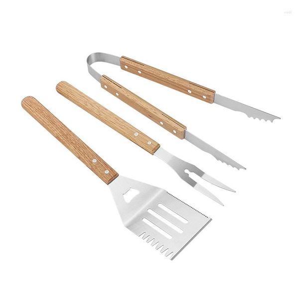 Outils-ensemble d'outils de Barbecue gril en acier inoxydable trois pièces BBQ fourchette extérieure pelle 3 pièces manche en bois