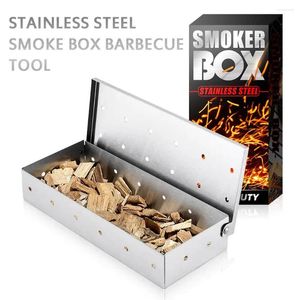 Herramientas BBQ Grill Smoker Box para virutas de madera tapa con bisagras fumar carne accesorios de cocina de acero inoxidable