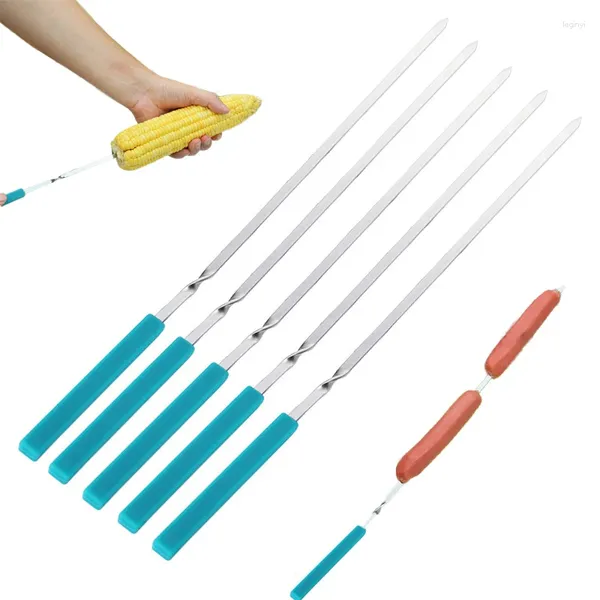 Outils BBQ brochettes Barbecue Prod Silicone poignée fourchettes longs bâtons de gril en acier inoxydable Camping en plein air 40 cm/16in 5 pièces/ensemble