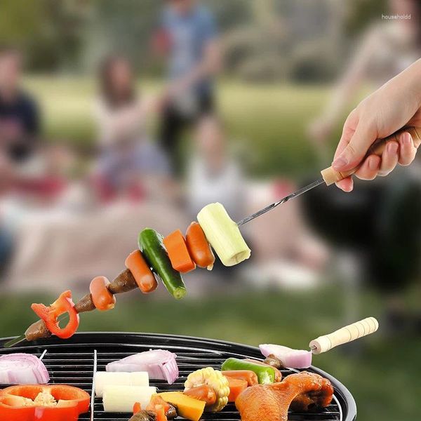 Brochettes de Barbecue à Long manche, Shish Kebab, bâton de gril réutilisable, fourchette en bois, aiguille d'extérieur en acier inoxydable