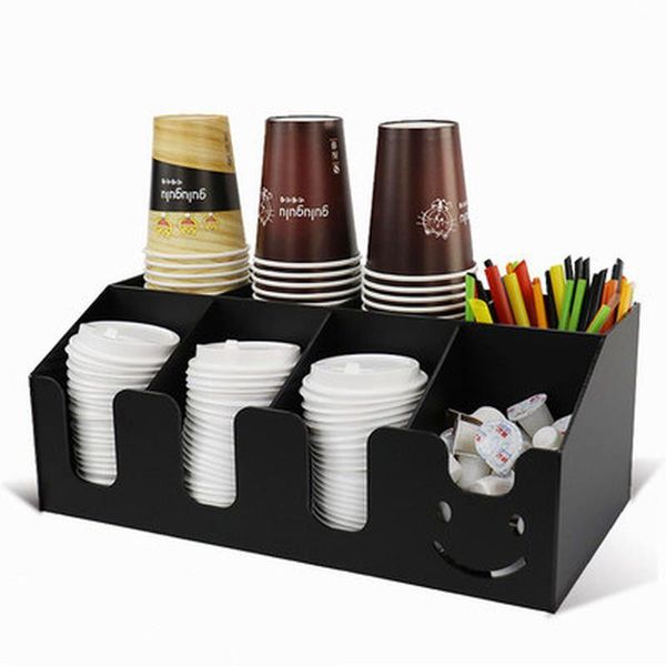 Outils Porte-gobelet en acrylique noir Support de rangement de tasse à plusieurs compartiments Boîte de rangement de paille Café Lait Thé Boutique Conteneur Présentoir