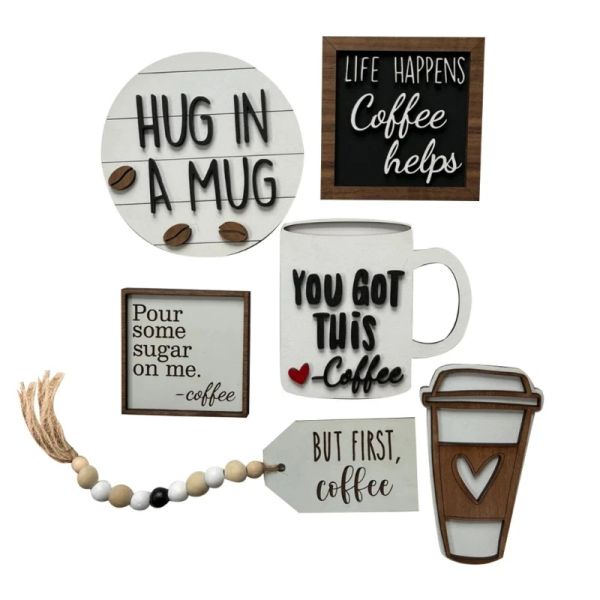 Herramientas para barra de café, juego de decoración de bandeja escalonada de 6 letreros de madera, Mini taza de café, estante de cocina de granja, mesa, decoraciones para el hogar