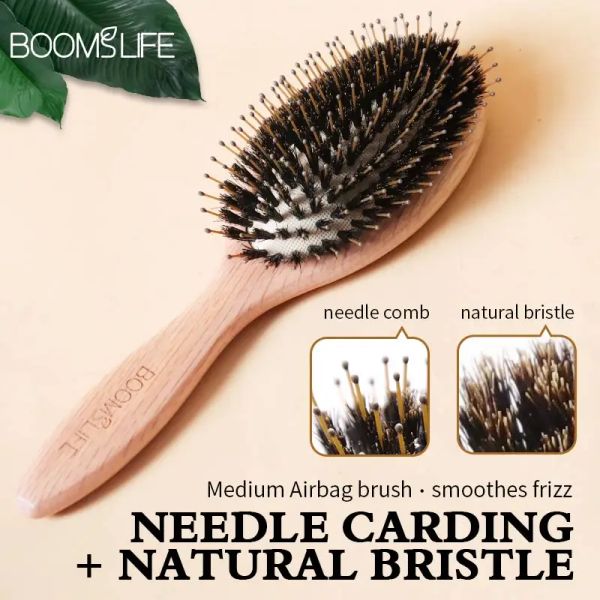 Outils de massage démêlant brosse à cheveux en bois palette en bois de chêne 100% poils de sanglier doux brosse à cheveux en bois peigne personnalisé pour cheveux mouillés et secs
