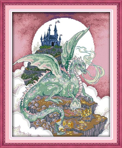 Outils Dragon château dessin animé lune fait à la main point de croix artisanat outils broderie couture ensembles compté impression sur toile DMC 14CT 11CT maison