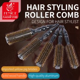 Outils Fenice Roll peigne rond brosse à cheveux poils crinière de porc manche en bois marron pour cheveux bouclés pointes de poils ronds