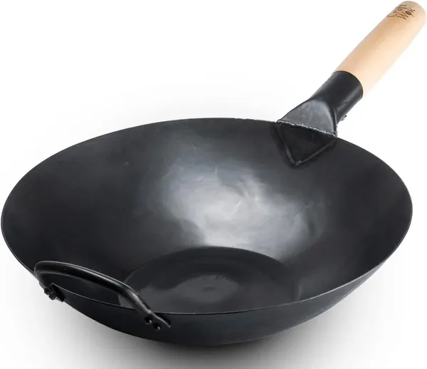 Outils Wok plat en acier au carbone martelé pré-enduit avec poignée en bois et aide (fond de 13 pouces) Funda Barbacoa extérieur G