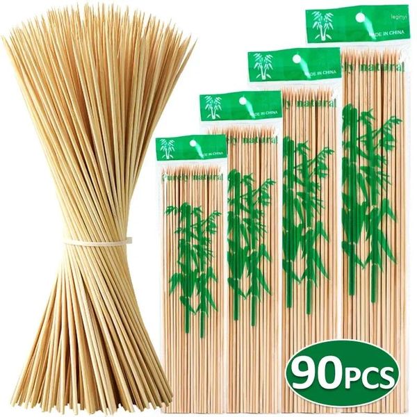 Herramientas para comida, pincho de fruta de bambú desechable, palo para barbacoa para madera Natural, 90 Uds., palos de grado, barbacoa de 15/20/25/30cm de largo