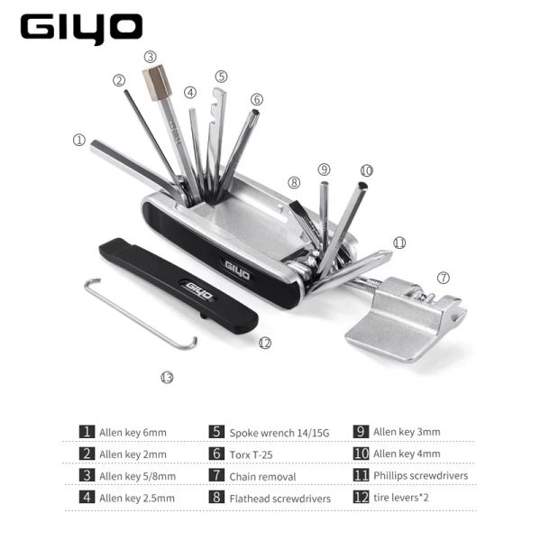 Outils Giyo 12 en 1 Bicycle de réparation outils kit portable VILLE MTB MINI CYCLING MULTITOOLLE HEX CONSEZ TROUPS PNEUX TIRE ALLEN TERR