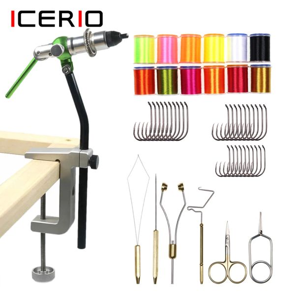 Outils ICERIO Fly Tying ToolFly Tying Étau/Supports de canette/Enfileur/Ciseaux/70D Fly Tying Thread Barbless Czech Hook Tie Leurres de pêche