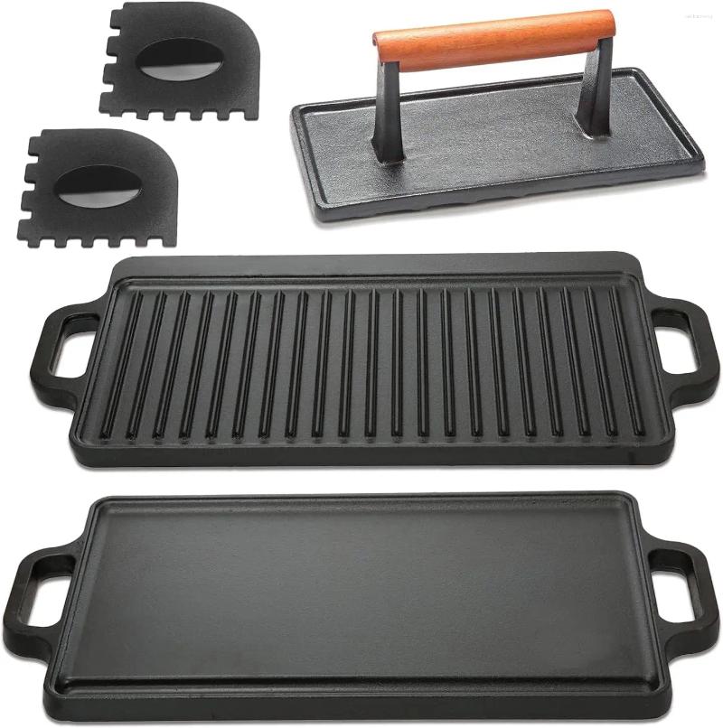 Ensemble de plaques de cuisson en fer, outils, accessoires, poêle à gril, comprend une presse en fonte réversible Gri