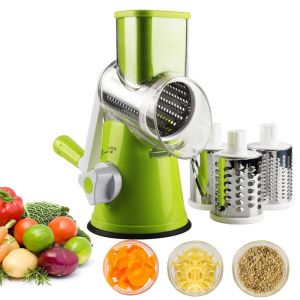 Outils Lmetjma Manual Rotary Vegetable Slicer Cutter Cuisine Cuisine Vegetable Cheese Hopper avec 3 tambours aigus en acier inoxydable KC0082