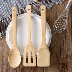 Outils à longue manche en bambou spatule cuisine spatule spatule à haute température résistante à la fuite de bambou cuillère sans bâton.