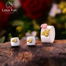 Herramientas Lotus Fun Real Sterling Sier Natural Handmade Jewelry Ceramics Lindo beso de abejas de un juego de joyas de rosas para mujeres Bijoux