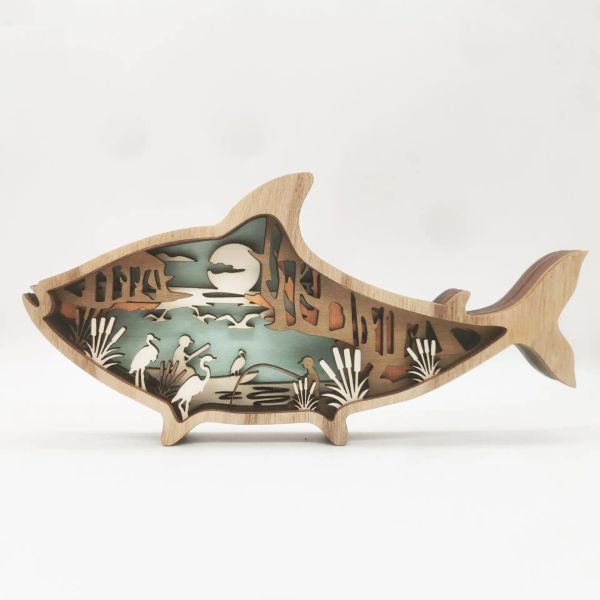 Outils nouveaux animaux marins artisanat en bois créatif vent marin sculpture en bois poisson décoration de table avec lumière 3D dans la pièce de la maison