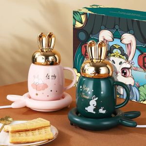 Gereedschap Nieuwe slimme thermostatische Coaster Cute Rabbit Mug Warmer Set Cup Heating Pad Home Office Geschenk Cadeau Koffie Mok Warmer Boiler