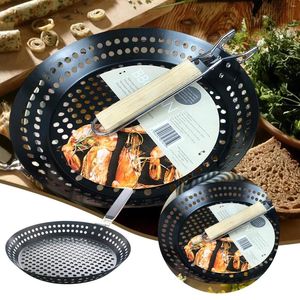 Outils NON Stick Metal Griling Sketet avec pliage en bois Panoulet Poux de grill AMOVABLE pour extérieur