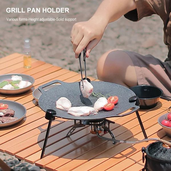Outils Support de plaque de barbecue antiadhésif coréen rond antiadhésif support de casserole portable réglable en métal avec chaîne pour le camping en plein air