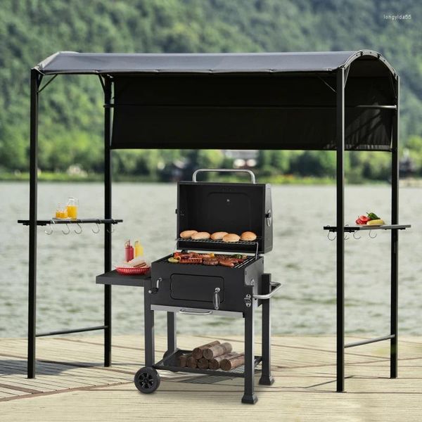 Tools Outdoor 7Ft.Wx4.5Ft.L Gazebo de Barbecue de Patio d'arrière-Cour à Double Niveau en Fer avec Comptoirs de Barre d'auvent Latéral et Crochets Gris