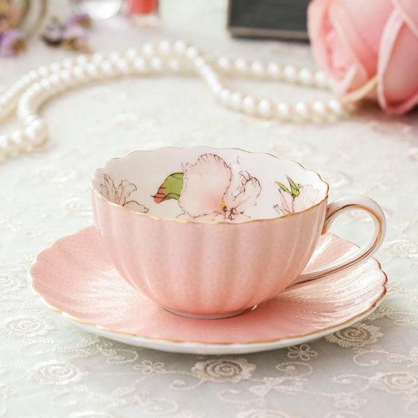 Herramientas Juego de taza y platillo de té de porcelana rosa, 200ML, té de la tarde inglés, un juego, taza de leche para desayuno, utensilios de café, tazón taza de cerámica