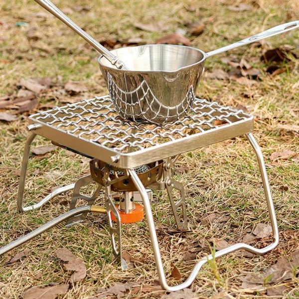 Outils Portable pliant feu de camp gril multifonctionnel extérieur poêle à bois support en acier inoxydable Camping pique-nique barbecue grille gaz