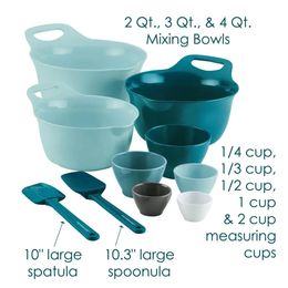 Tools Rachael Ray Mix and Measure, melamine, mengkom, maatbeker en nylon, keukengereiset, 10-delig, lichtblauw en groenblauw