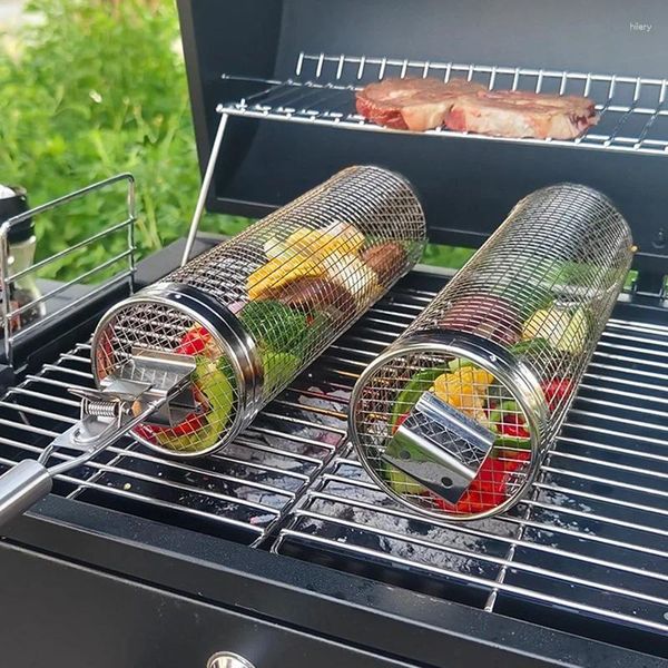 Outils Paniers de grillades roulants pour extérieur - panier de grill rond en acier inoxydable avec accessoires de verrouillage