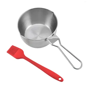 Outils Poils en silicone avec brosse à badigeonner Bec verseur Pot à sauce en acier inoxydable Sûr Haute dureté Ustensile de barbecue Prise confortable