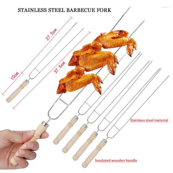 Outils En Acier Inoxydable Barbecue Fourchette Steak Agneau Aile De Poulet Manche En Bois Double Grill Gourmet Cuisine Accessoires Outil