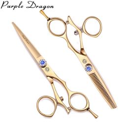 Outils ciseaux à cheveux à pouce pivotant Purple Dragon 5.5 "ciseaux de coupe de cheveux japonais 440C ensemble cisailles amincissantes 9019 # ciseaux de coiffeur dorés