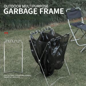 Gereedschap Trash Bag Rack Roestvrij staal opvouwbare buitenkamperen Barbecue Garbage Pouch Organizer Holder keukenkeuzingsstand zilver