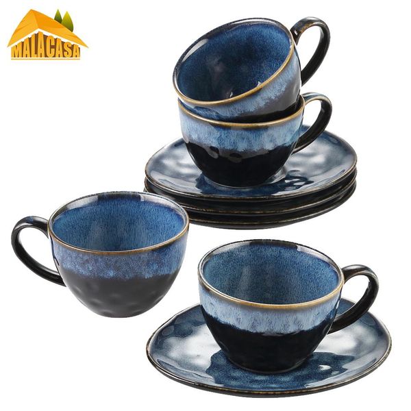 Herramientas Juego de taza y platillo de café de cerámica azul estrellado VANCASSO Cambio de horno azul Esmalte Taza de té de la tarde Servicio de platillo para 4 personas