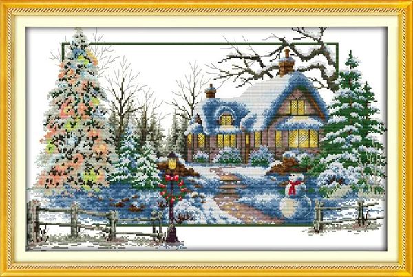 Outils Peinture de décoration de maison de paysage d'hiver, ensembles de broderie au point de croix faits à la main, impression comptée sur toile DMC 14CT / 11CT